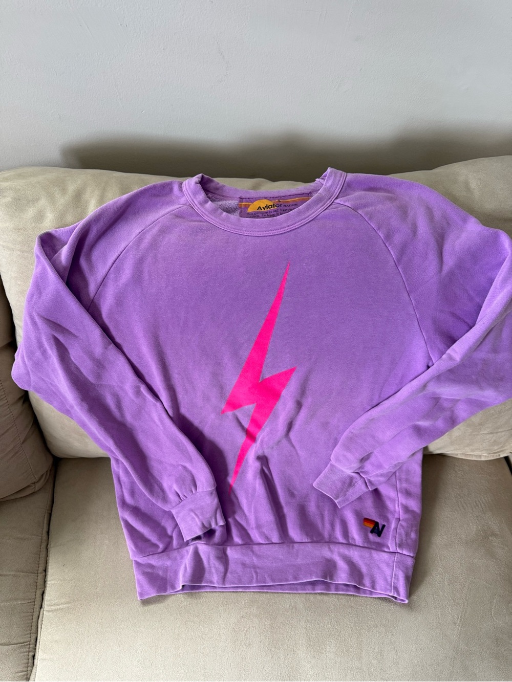 Aviator Nation Lavender Crewneck with Hot Pink Lightning